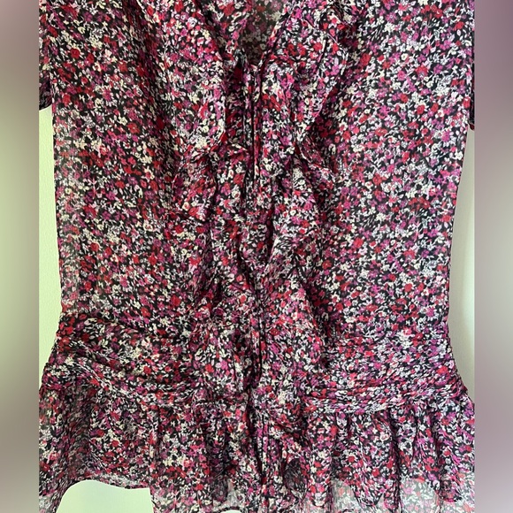 Express Women’s Floral Ruffle V-Neck Top | Size S | Magenta, Red, Pink, Black - Picture 3 of 8